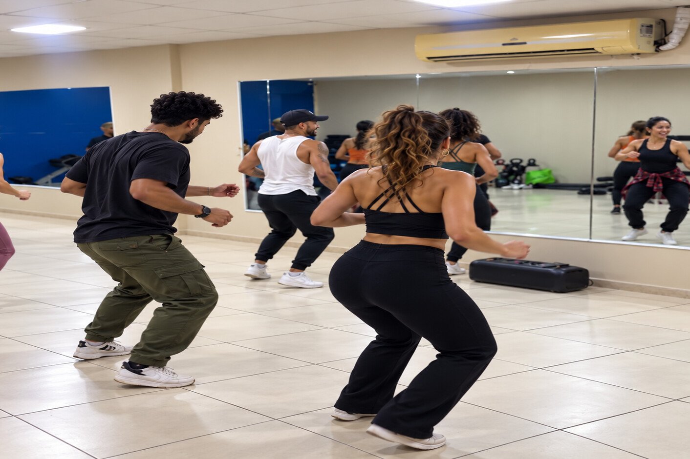 Una clase de salsa: varias personas bailan frente a los espejos de la sala
