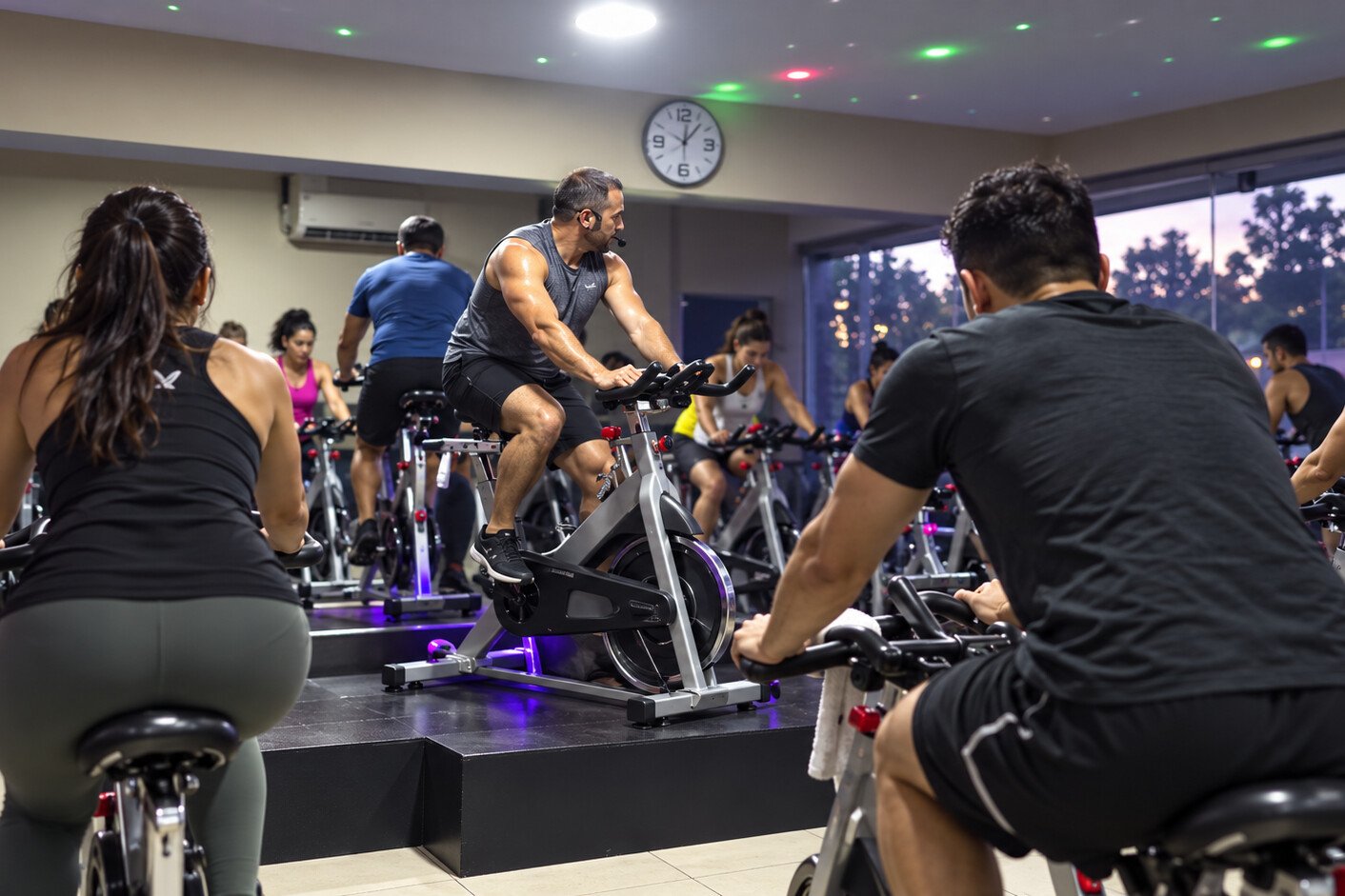 Una clase de Spinning: el instructor pedalea al frente y los participantes lo siguen en sus bicicletas